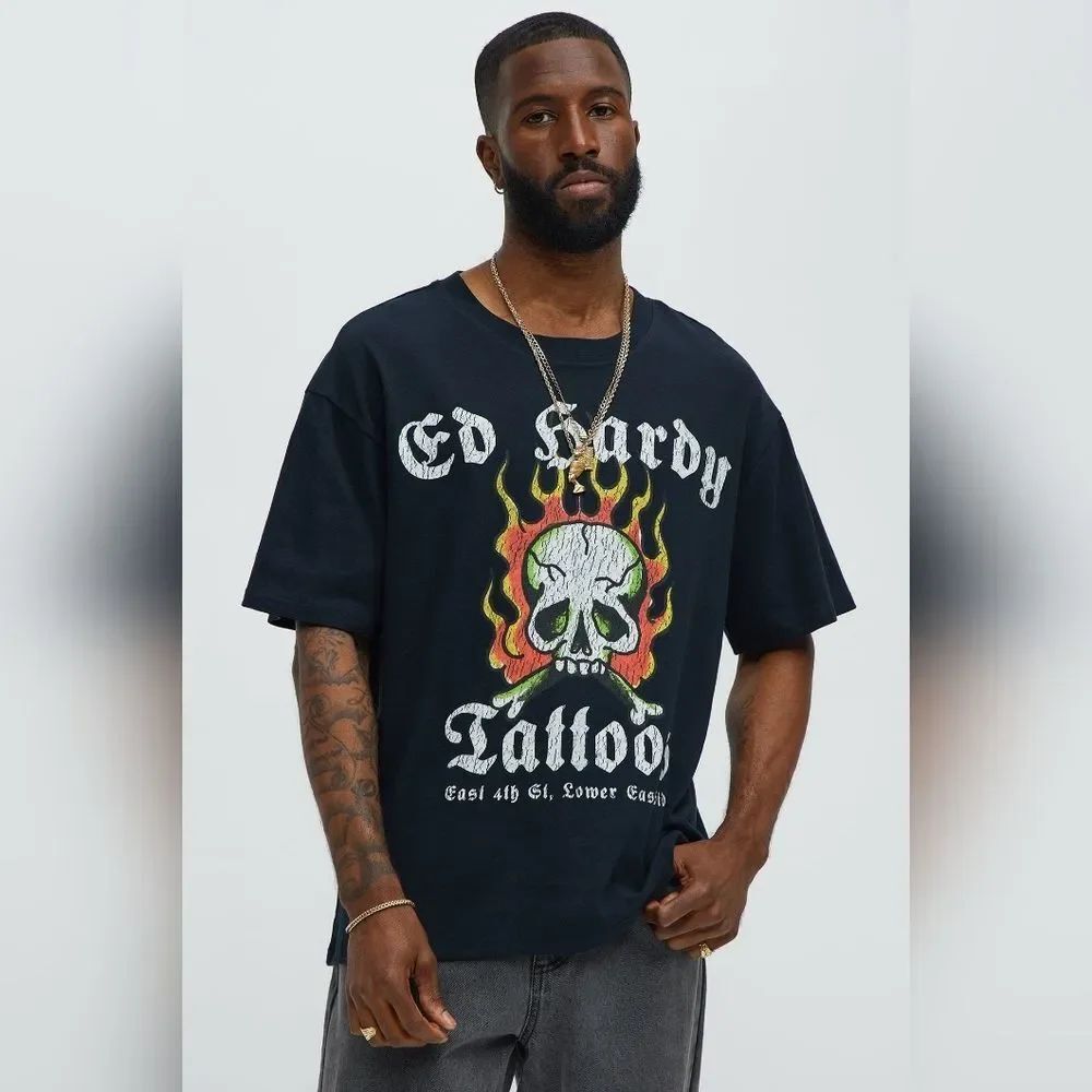 Ed Hardy Tattoos Oversized Black Tee with Skull and Flames